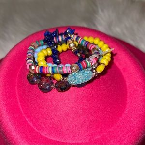 Multicolored Bright Boho Beaded Blue Druzy Oval Stone Set of 5 Stretch Bracelets